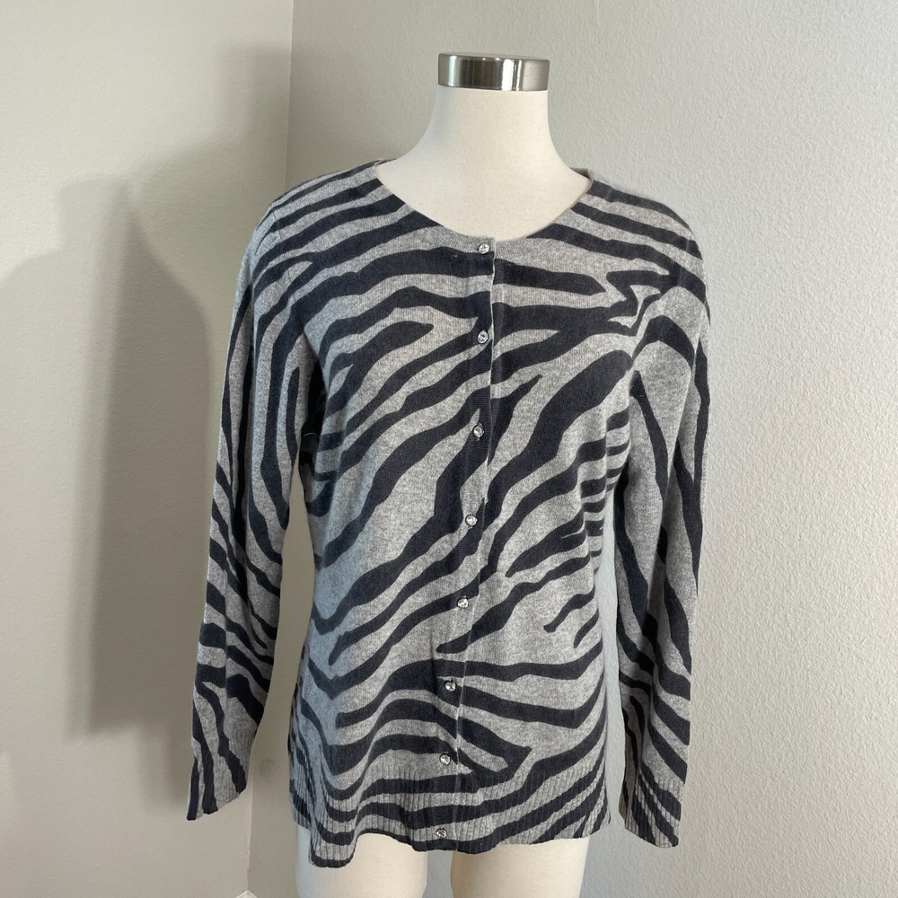 Precious Fibers Womens‎ Large Zebra Stripe 100% Cashmere Button Cardigan Sweater